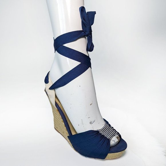 Seychelles Shoes - Seychelles Arden Espadrille Wedge with Peep Toe and Wraps in Navy. Size 6.5